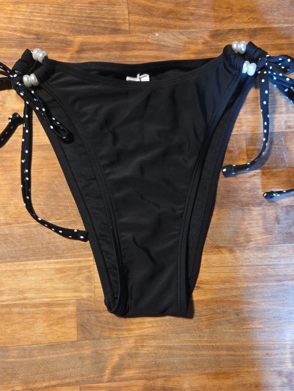 CUPSHE Black Tie-Side Bikini Bottom with Pearl Accents